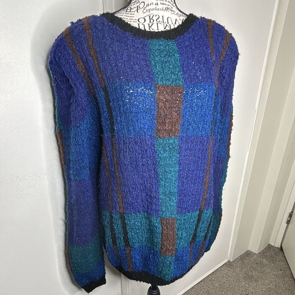 Women’s Blue Teal Brown Black Plaid Knit Crewneck Pullover Sweater Ribbed Trim